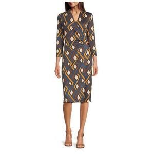 NWOT J. McLaughlin Blue/Brown Long Sleeve Dree Midi Wrap Dress Size XL